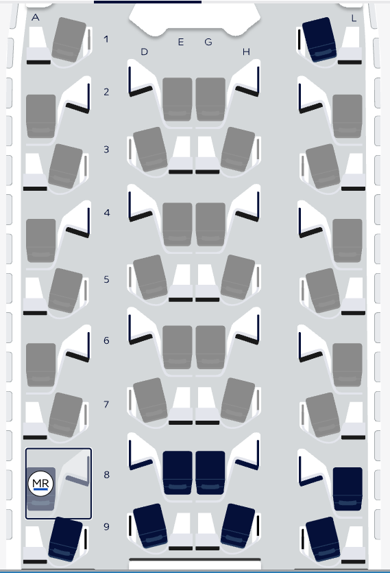 Air France business class seat map showing rows 1 to 9, with seat 8A selected at the left window