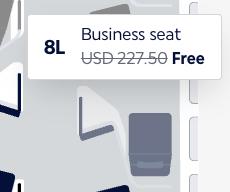 Air France seat map tooltip showing a business seat priced at USD 227.50, struck through and marked Free